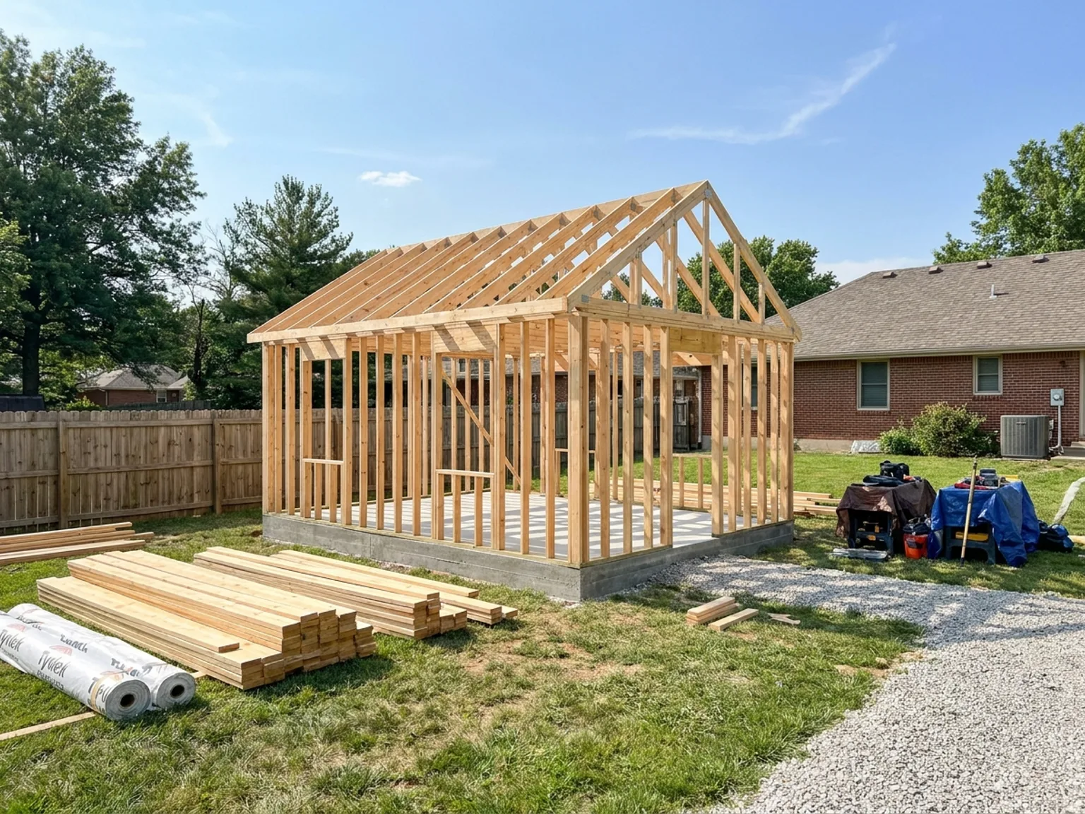 Backyard ADU under construction with fresh wall framing in a Kansas City yard