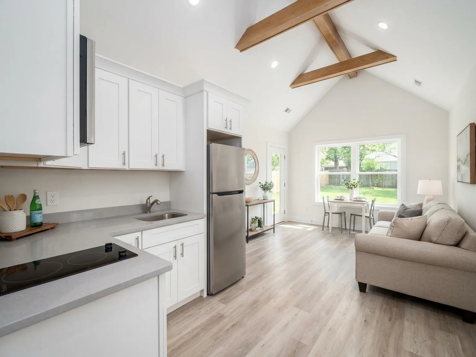 Compact kitchenette and open living area inside a Kansas City in-law suite ADU