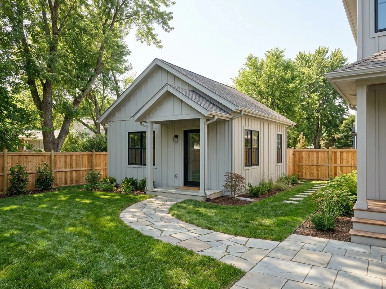 Detached backyard ADU with modern siding and a small porch behind a Kansas City home