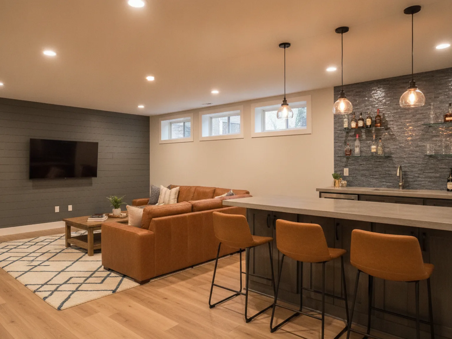 Basement wet bar with seating design