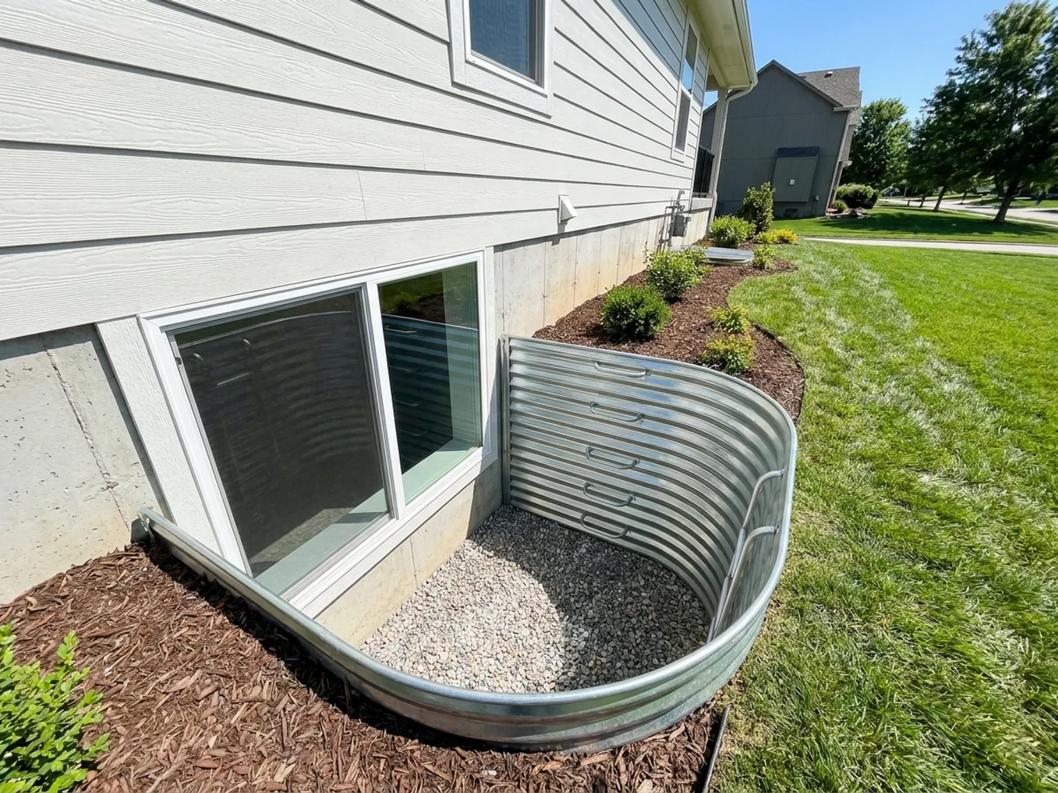 Basement egress window with a code-compliant window well and ladder outside a Kansas City home