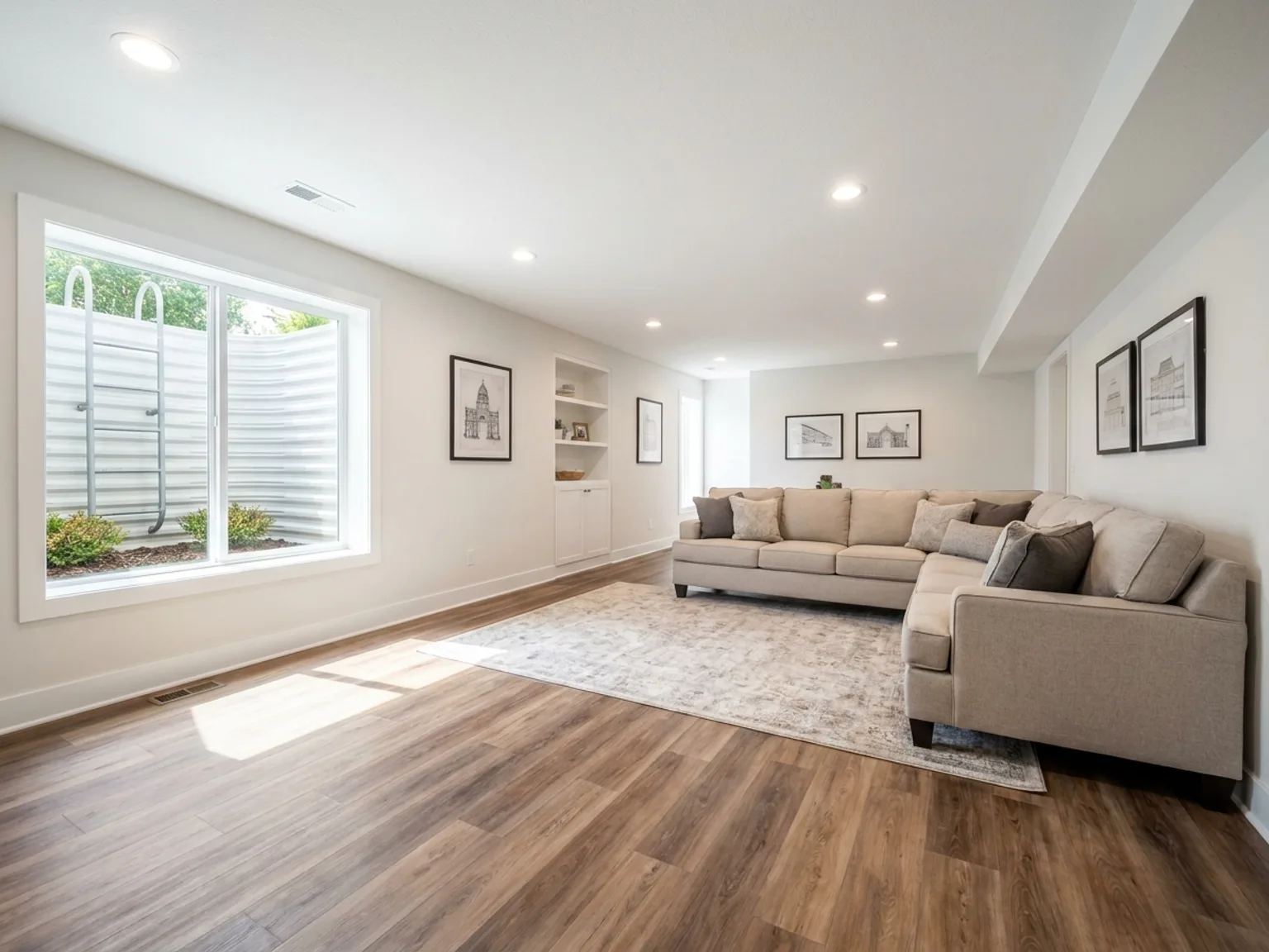 Finished basement family room with a large egress window in a Kansas City home