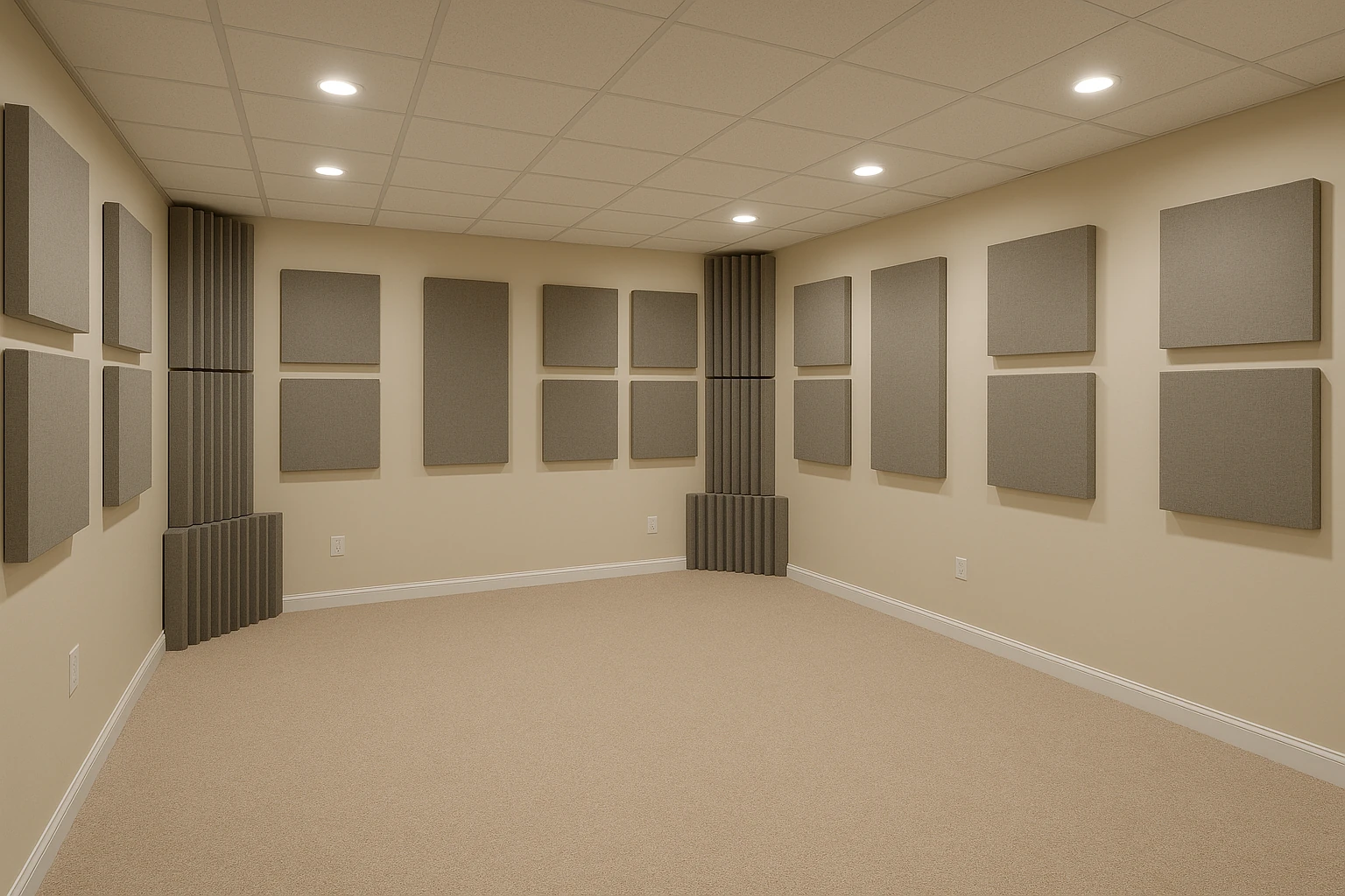 Basement with acoustic panel installation for sound absorption