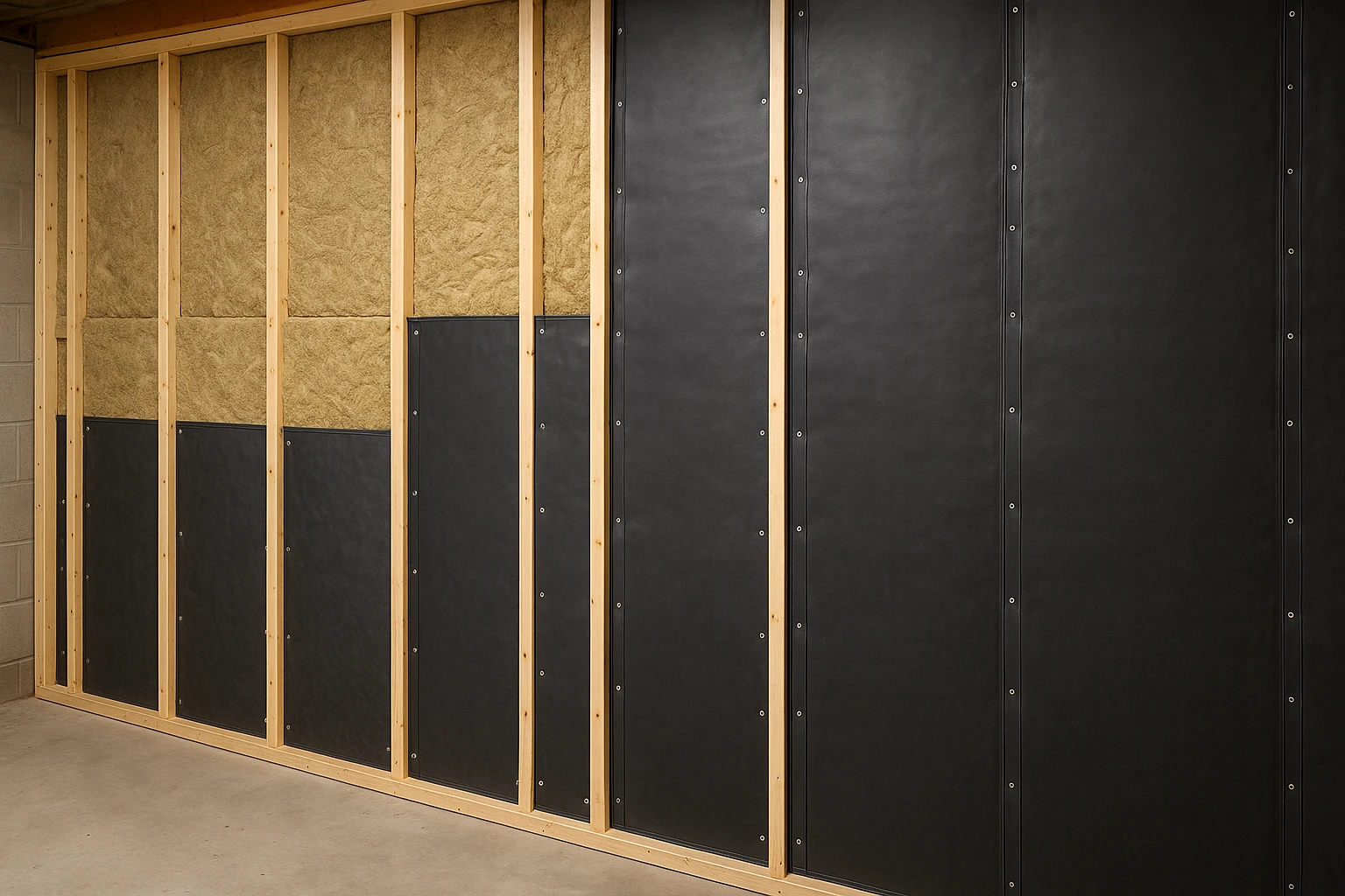 Basement wall soundproofing installation with acoustic materials