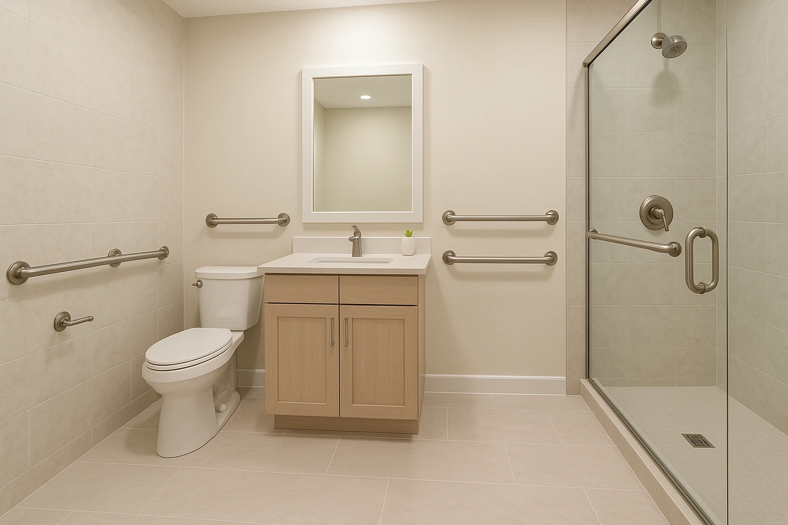 Bathroom with professionally installed grab bars and accessibility features