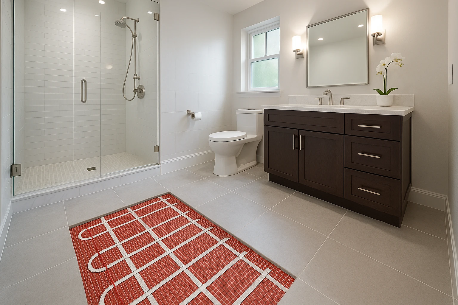 Heated bathroom flooring installation with radiant heating system