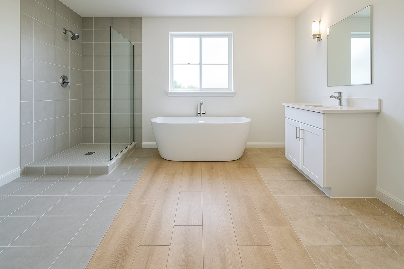 Bathroom showing different flooring material options and benefits