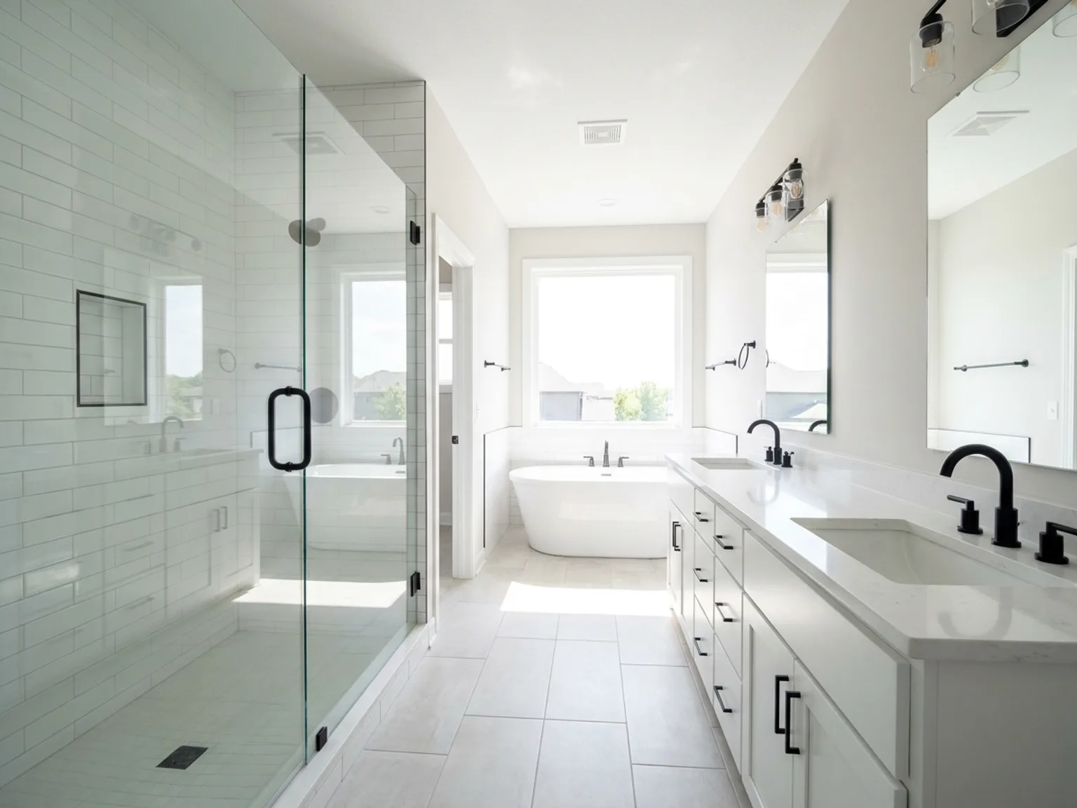 Completed modern bathroom remodel with a glass shower and double vanity in a Kansas City home