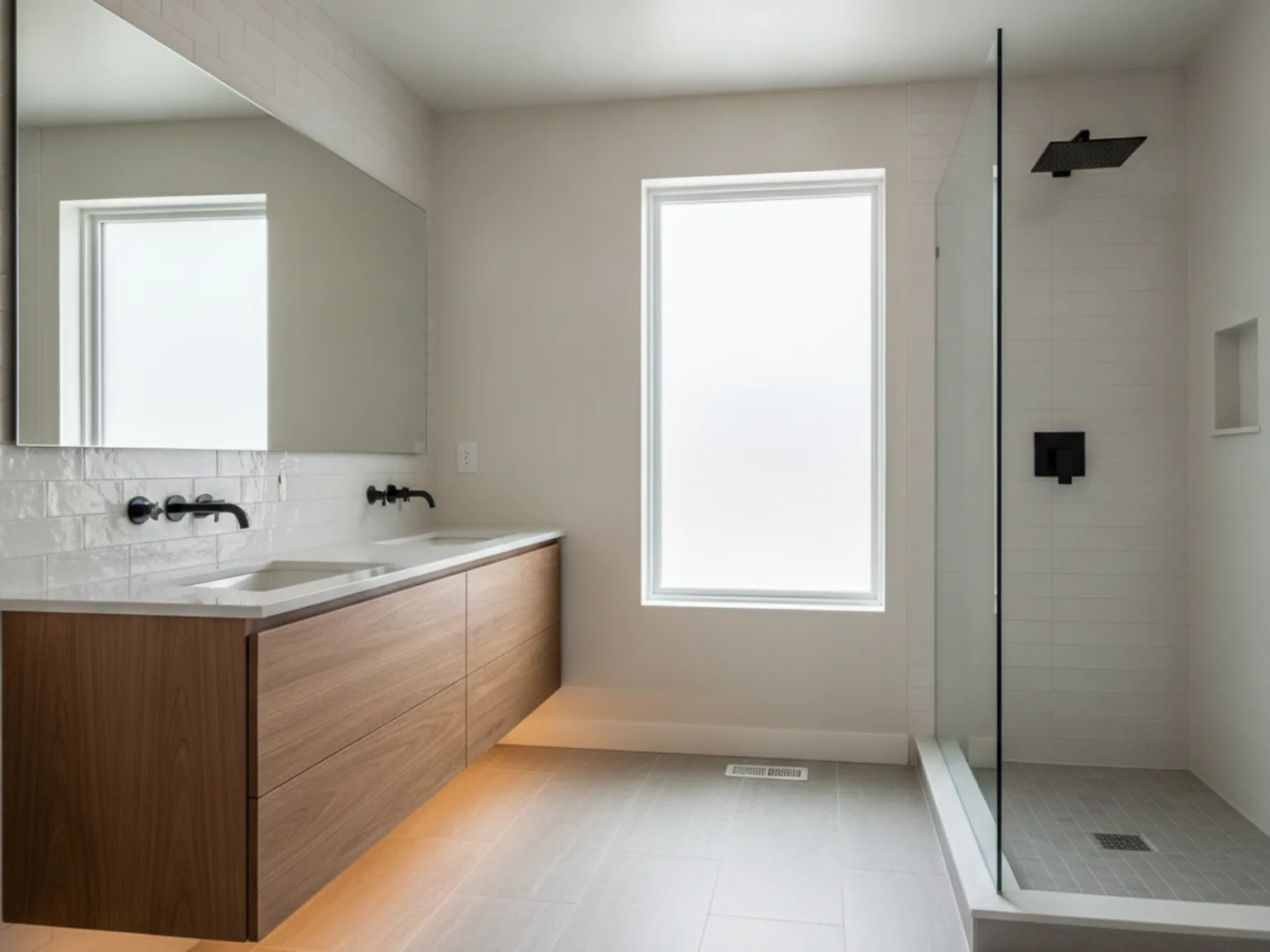 Bathroom with large-format heated floor tile