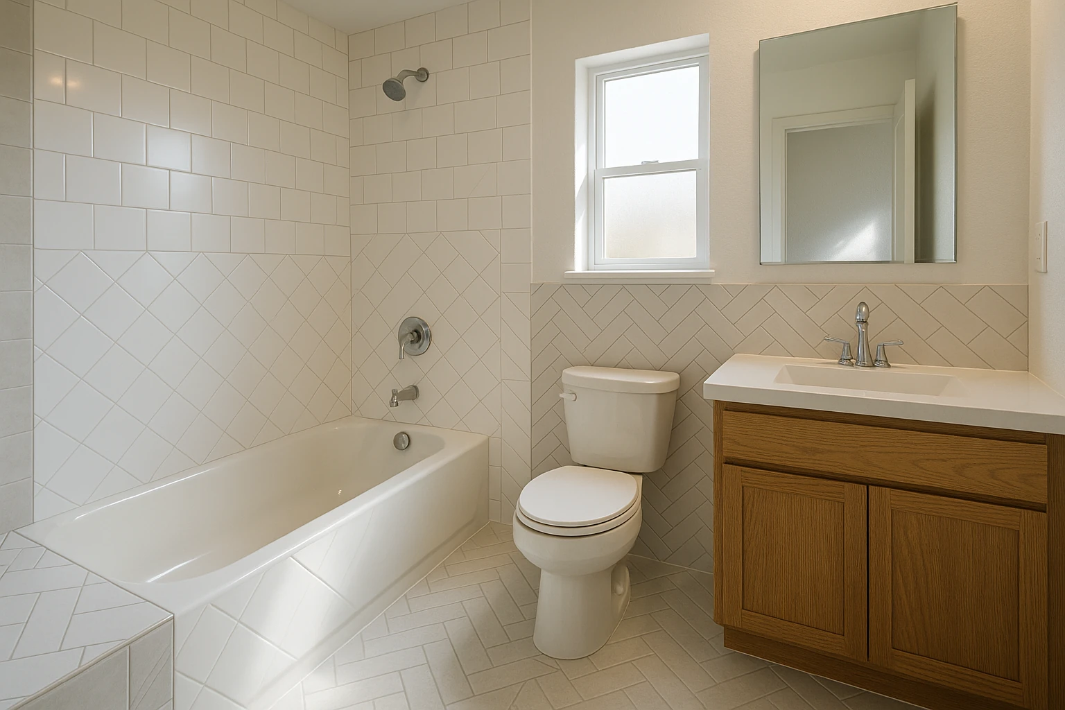 Bathroom displaying various tile patterns and layout designs