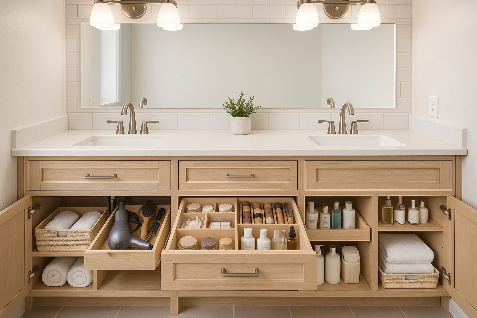 Bathroom vanity with organized storage drawers and compartments