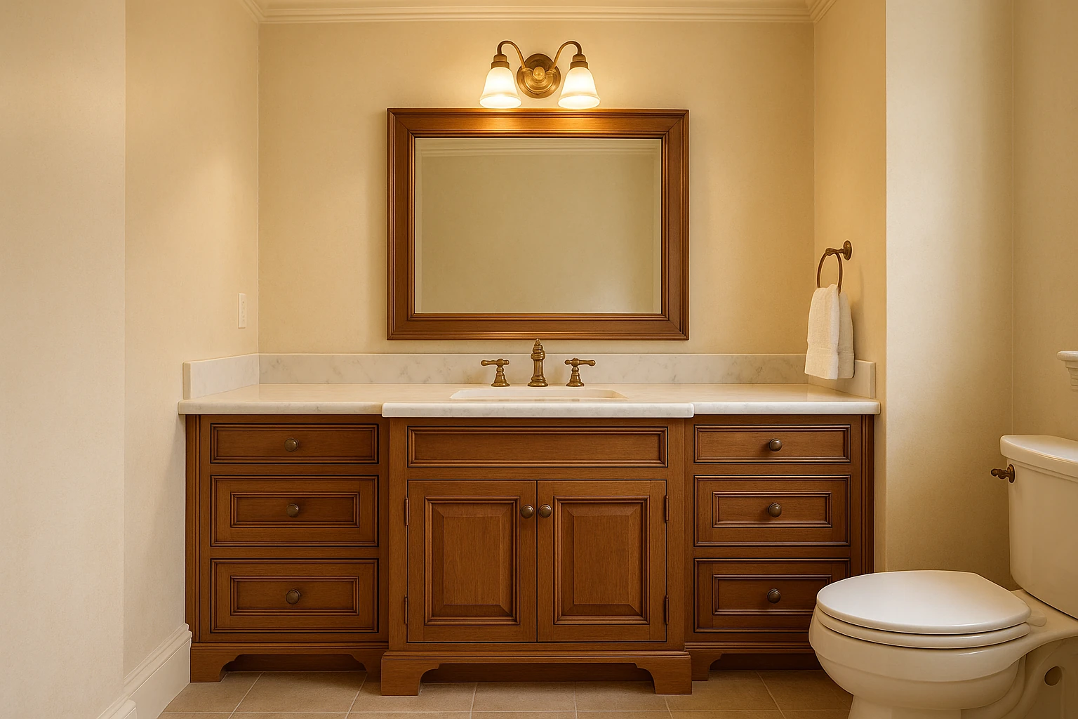 Traditional Wood Vanity Installation with Marble Countertop