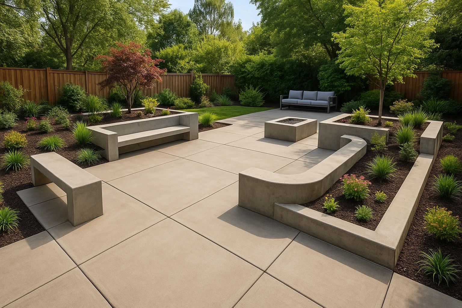 Concrete Patio with Integrated Planters and Seating
