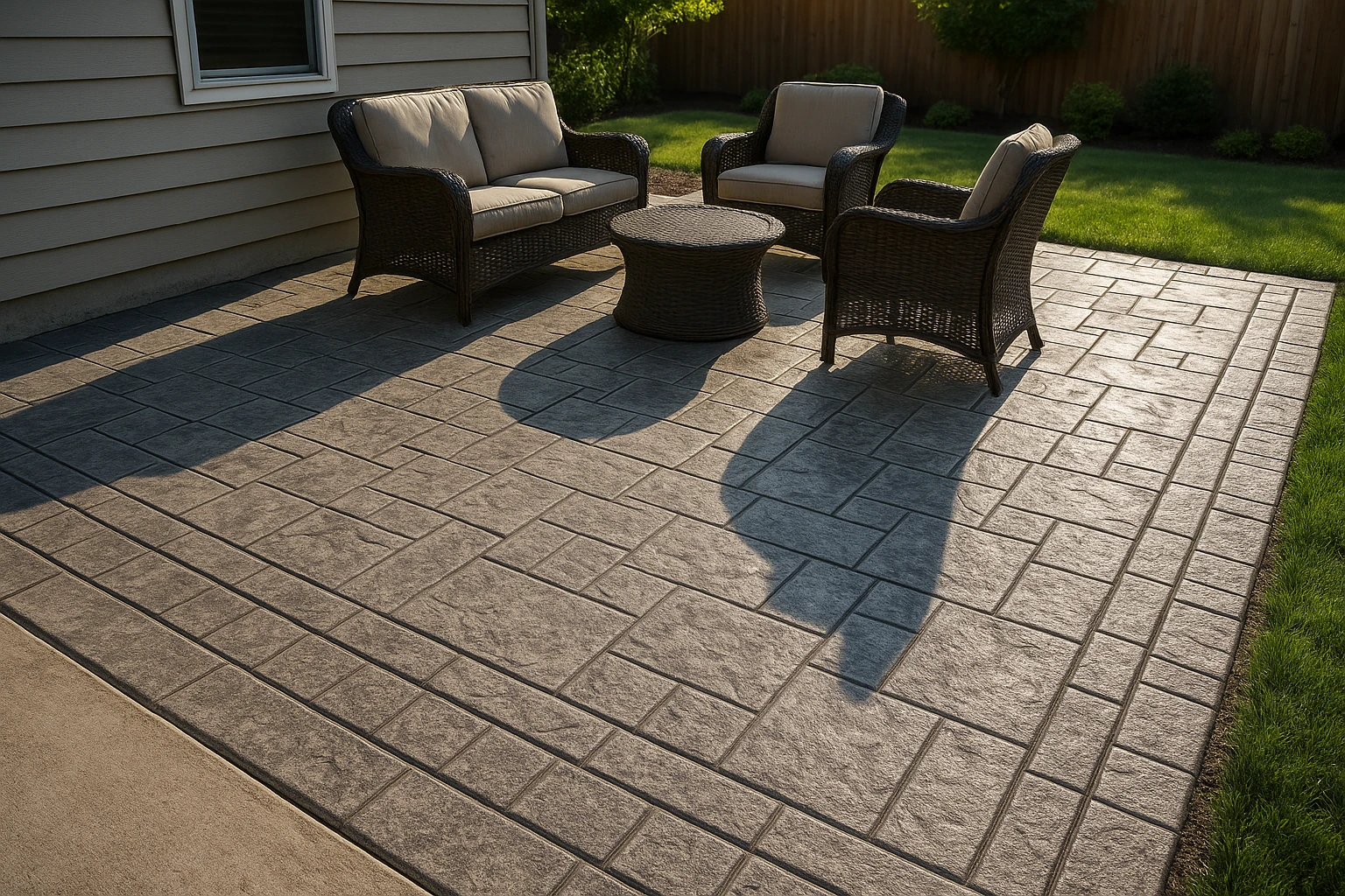 Concrete patio with stamped stone pattern and decorative borders