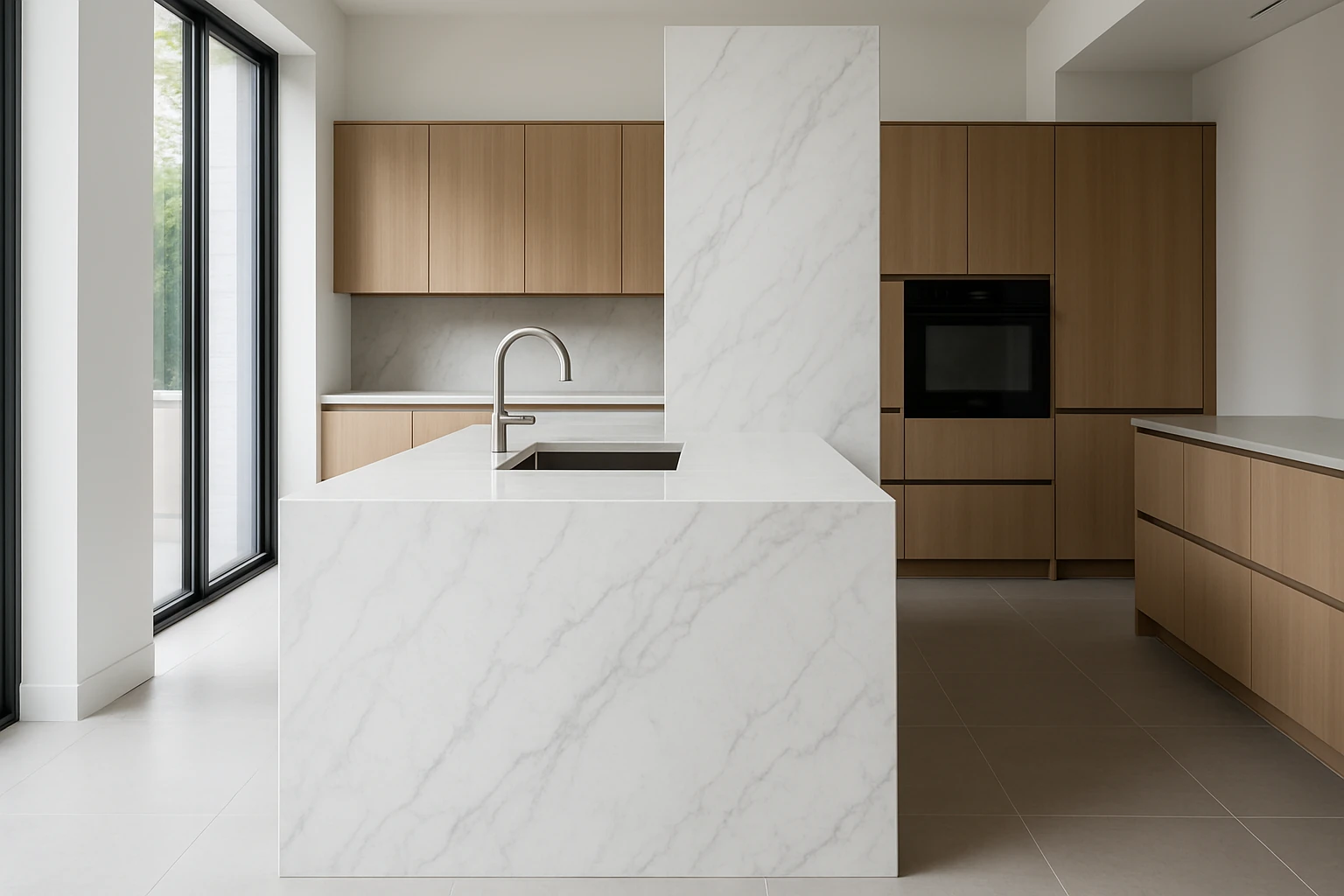 Modern Kitchen Island with Waterfall Edge Countertop Installation