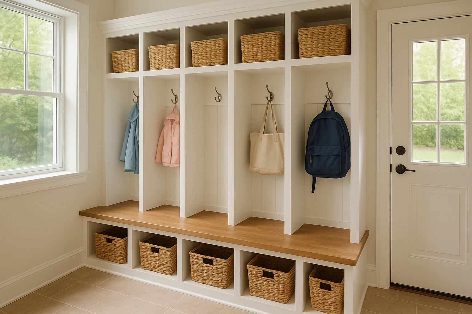 Mudroom Built-In Storage with Coat Hooks and Bench