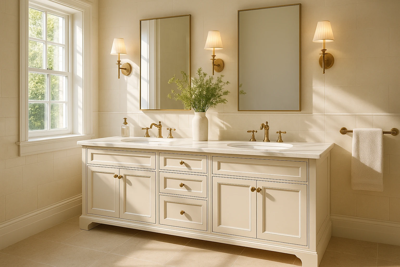 Custom bathroom vanity cabinet with double sinks and storage