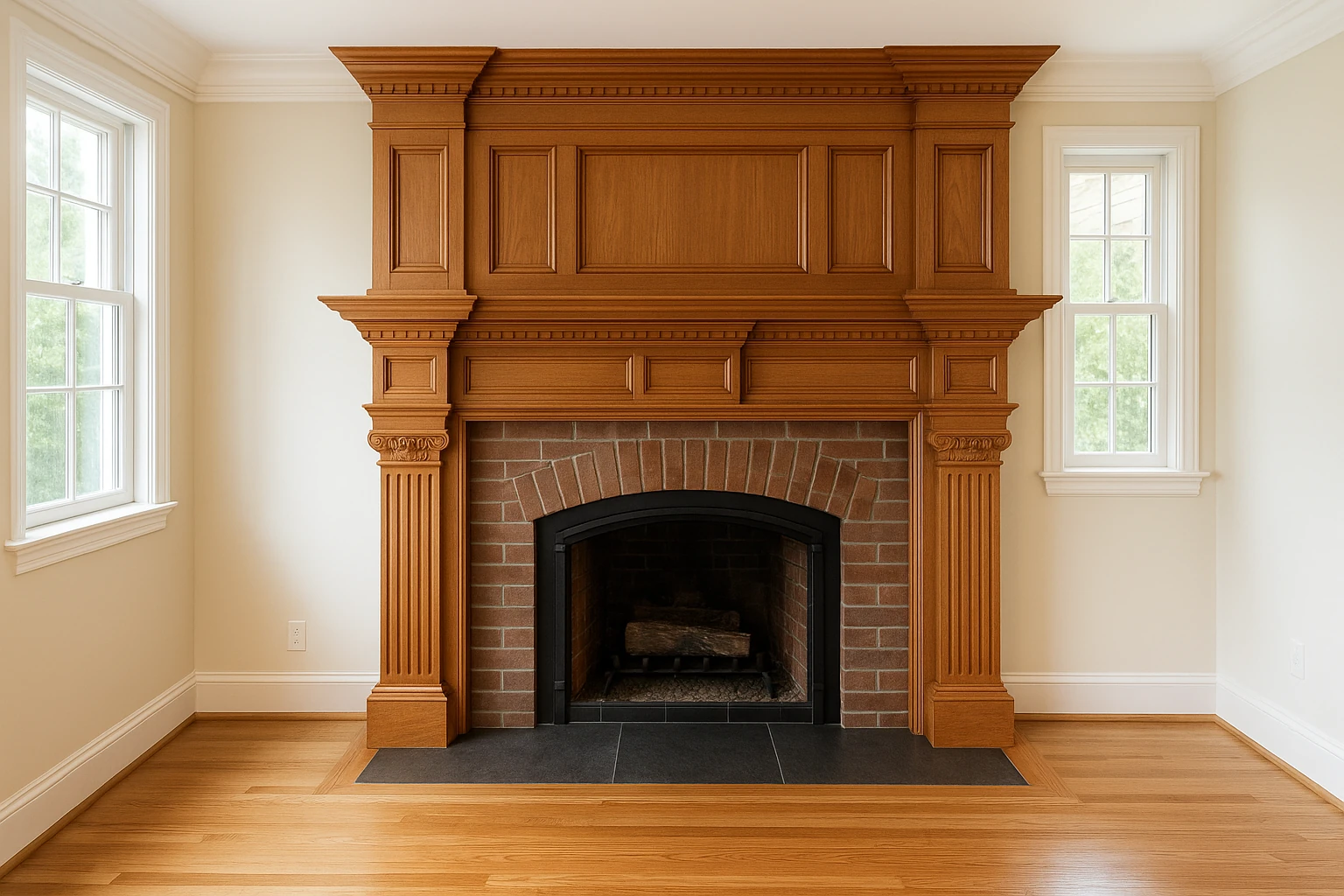 Completed Custom Wood Mantel Installation with Expert Craftsmanship