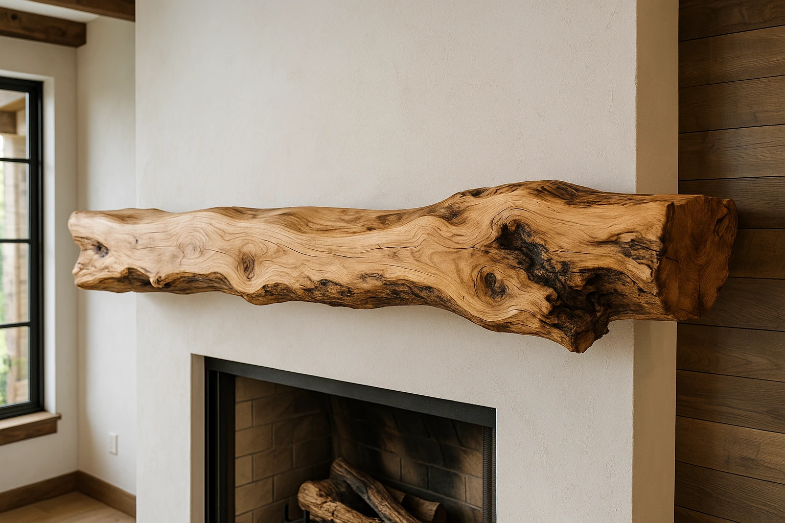 Live-Edge Wood Mantel with Unique Natural Character