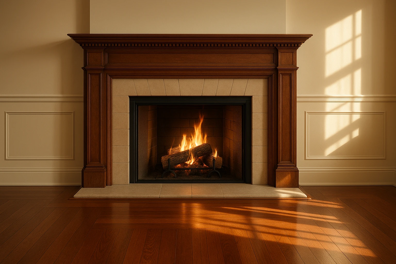 Traditional wood mantel with rich hardwood and classic design