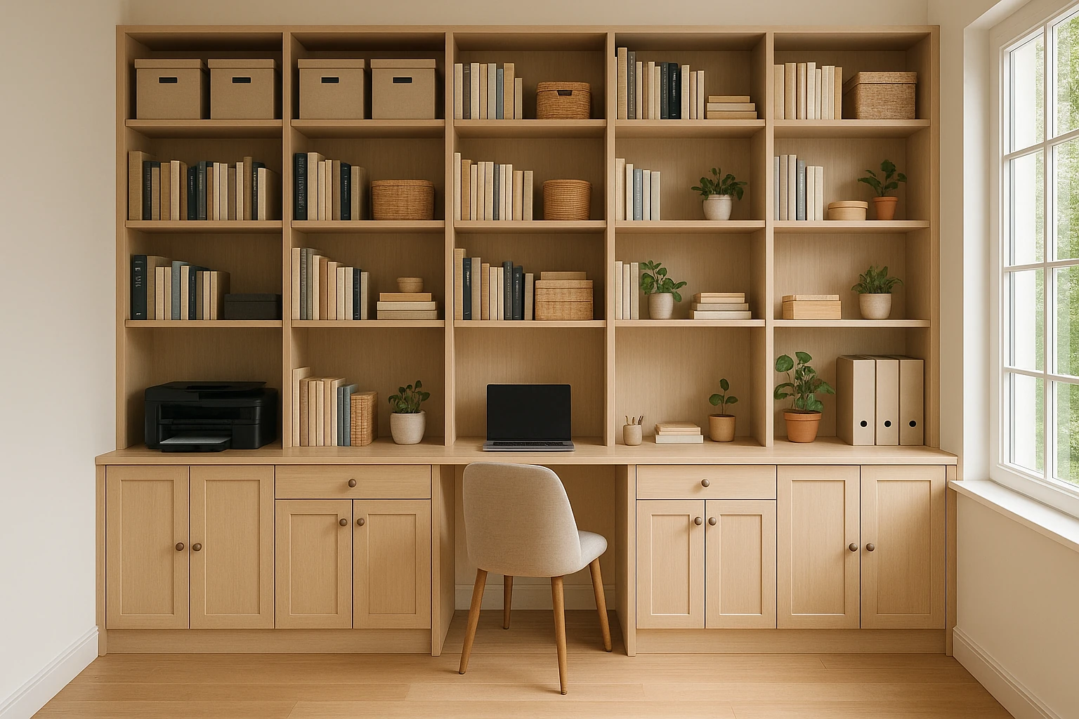 Built-In Shelving System with Comprehensive Storage