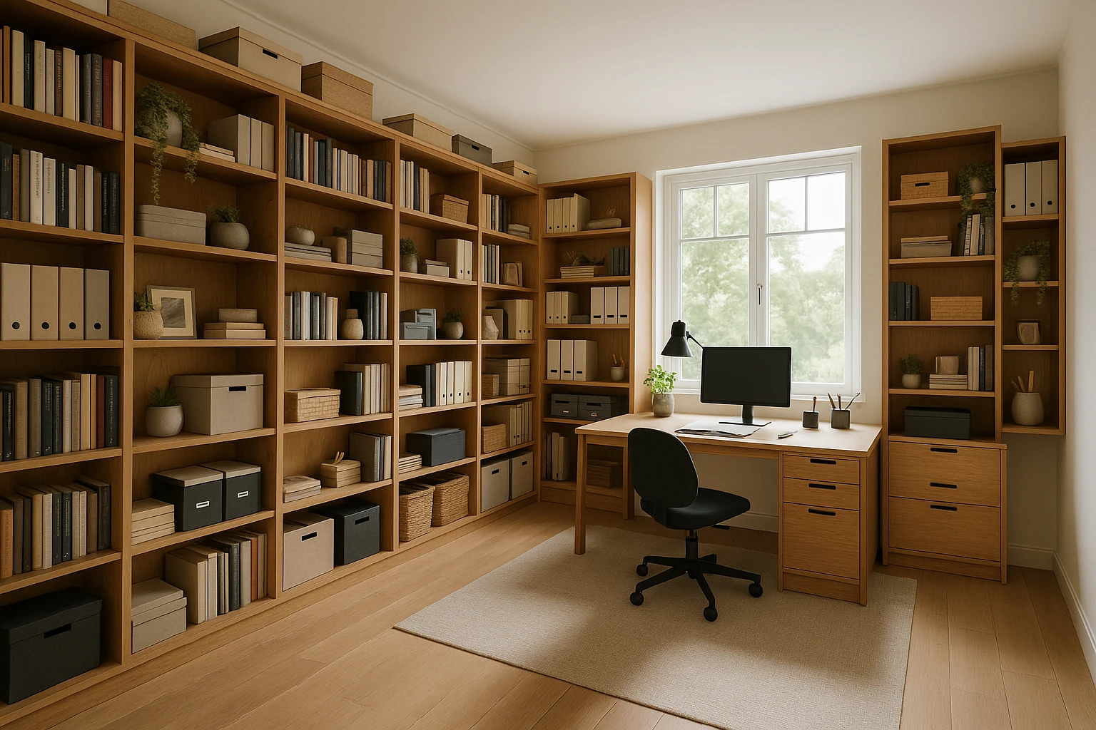 Home Office Custom Shelving with Book and Work Storage