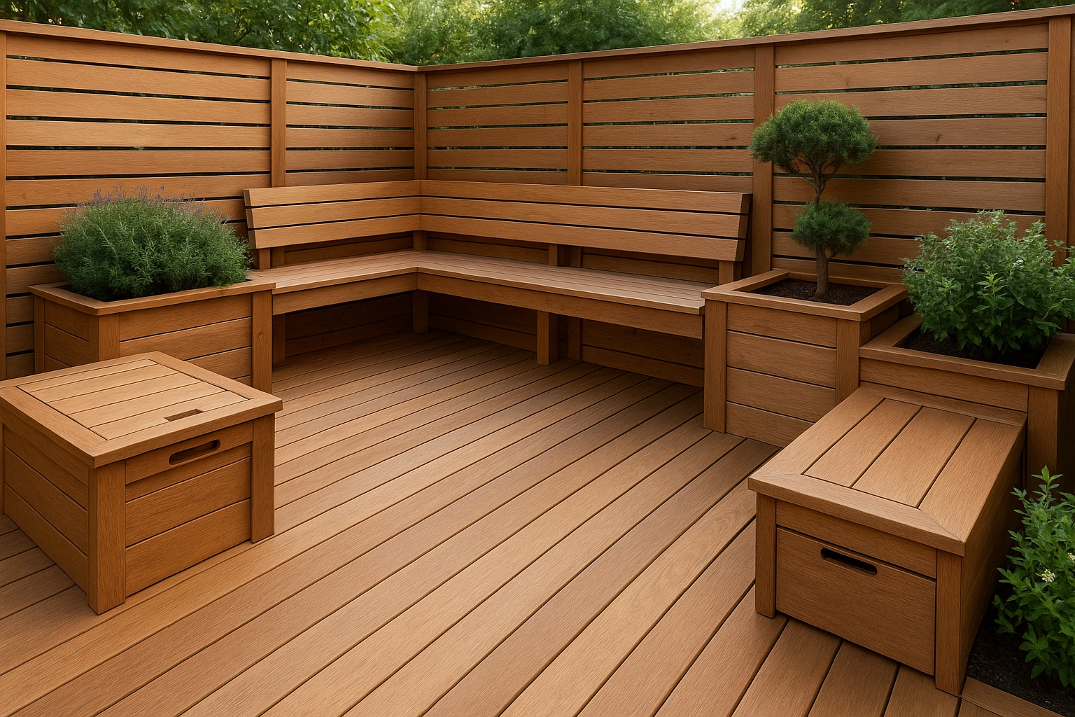 Wood Deck with Built-in Seating and Custom Features