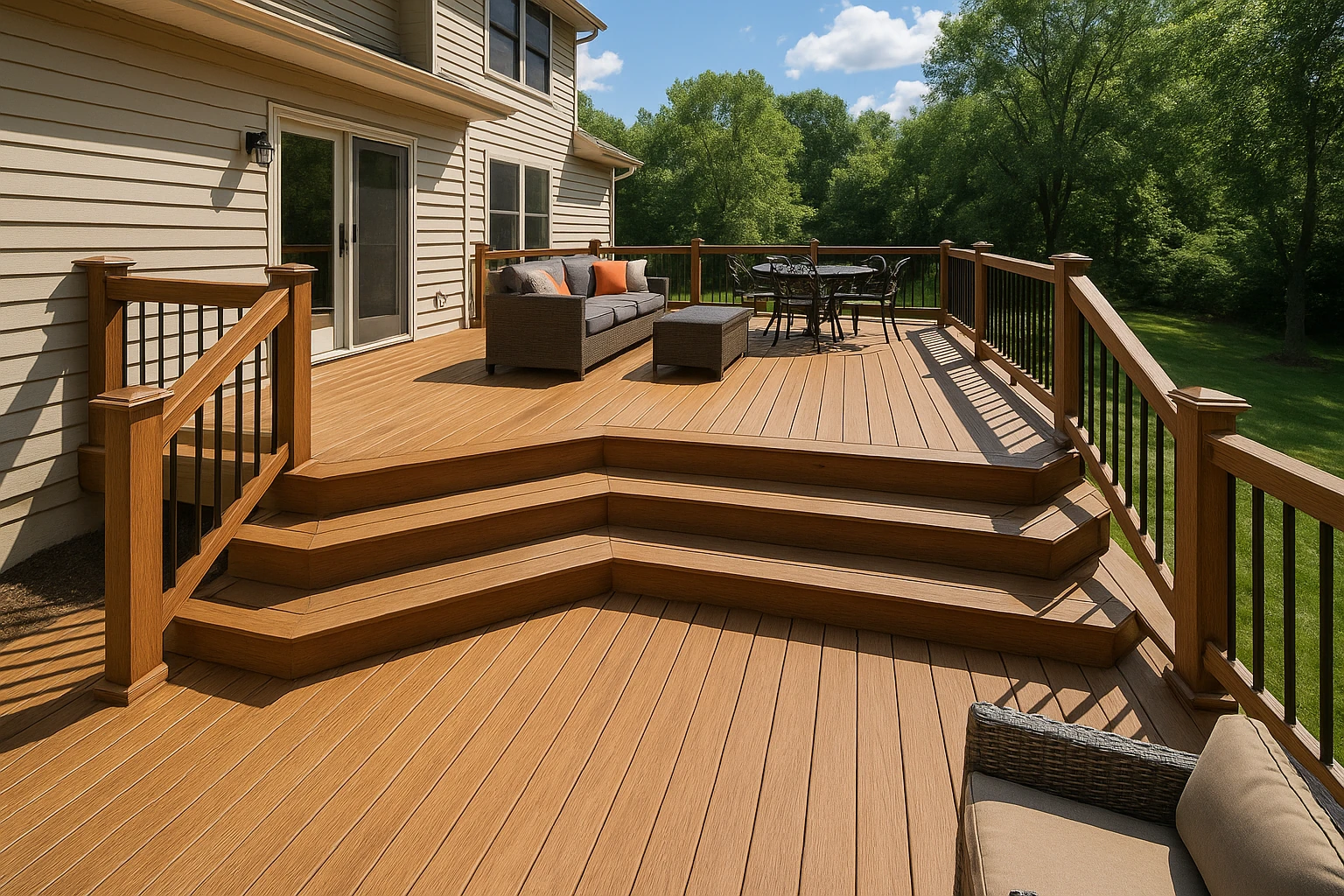 Multi-Level Wood Deck with Connecting Features
