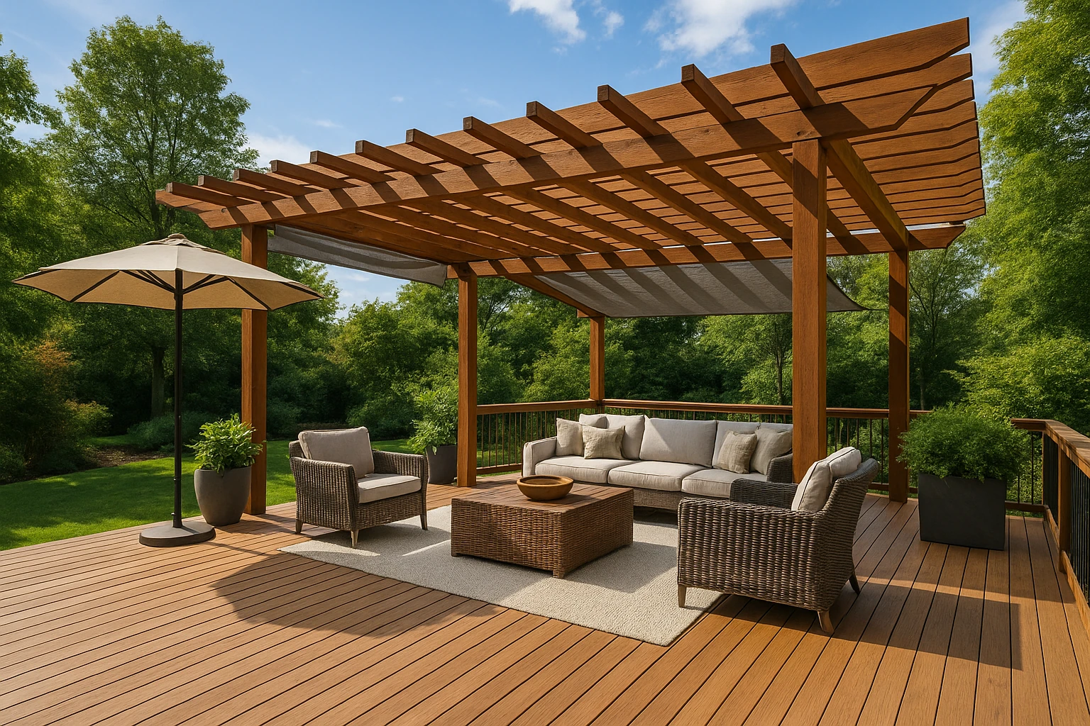 Wood Deck with Integrated Pergola and Shade Features