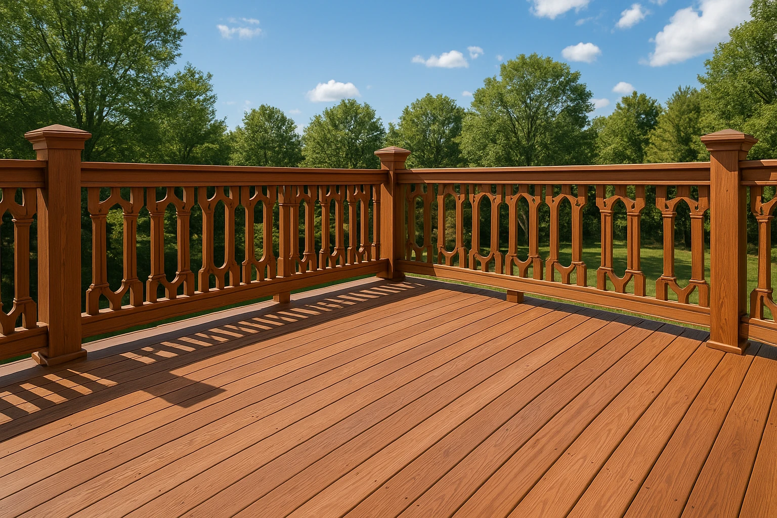 Custom wood deck railing system with safety and design features