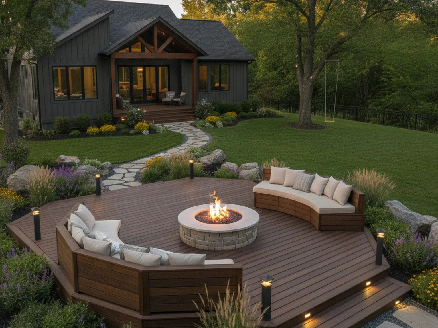 Deck with a built-in fire pit seating area