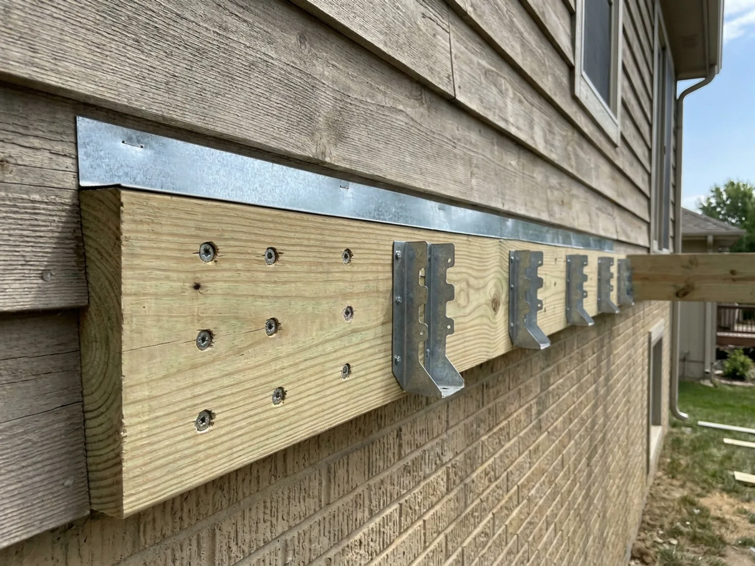 Detail of a properly flashed deck ledger board attachment on a Kansas City home