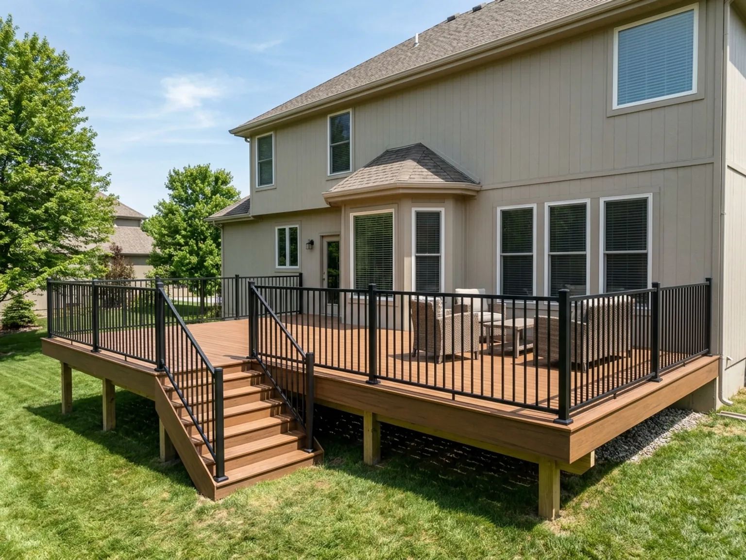 Elevated composite deck with black metal railing behind a Kansas City home