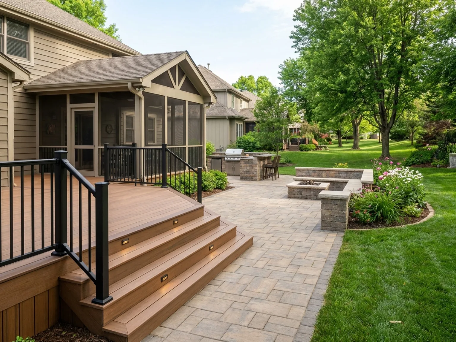 Composite deck stepping down to a paver patio in a Kansas City backyard