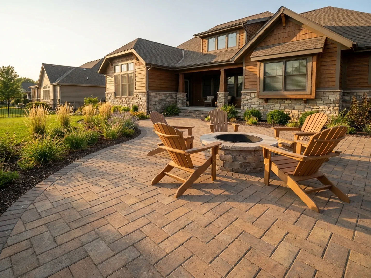 Ground-level paver patio with a fire pit and seating behind a Kansas City home