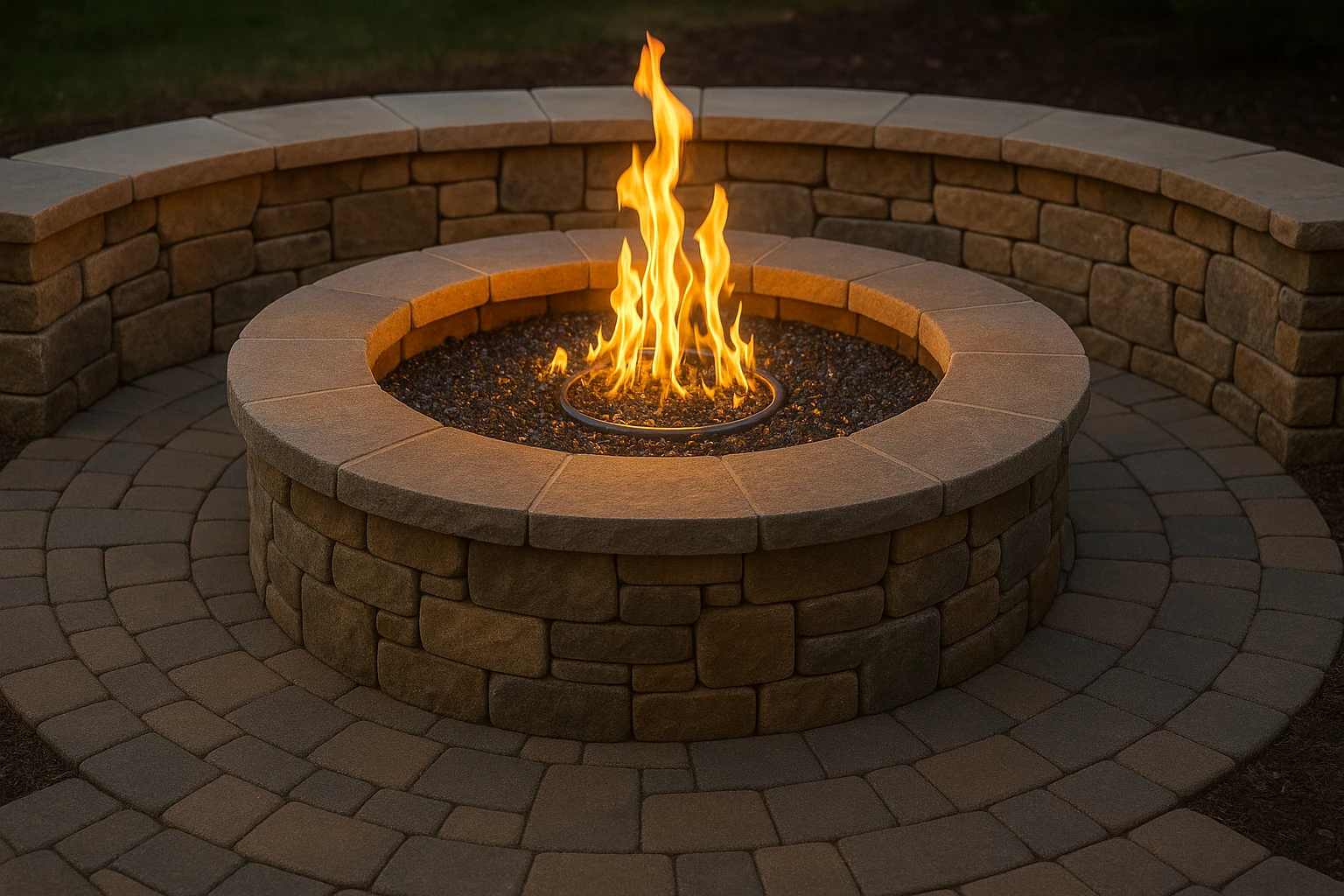 Circular fire pit with stone seating wall and natural gas flames