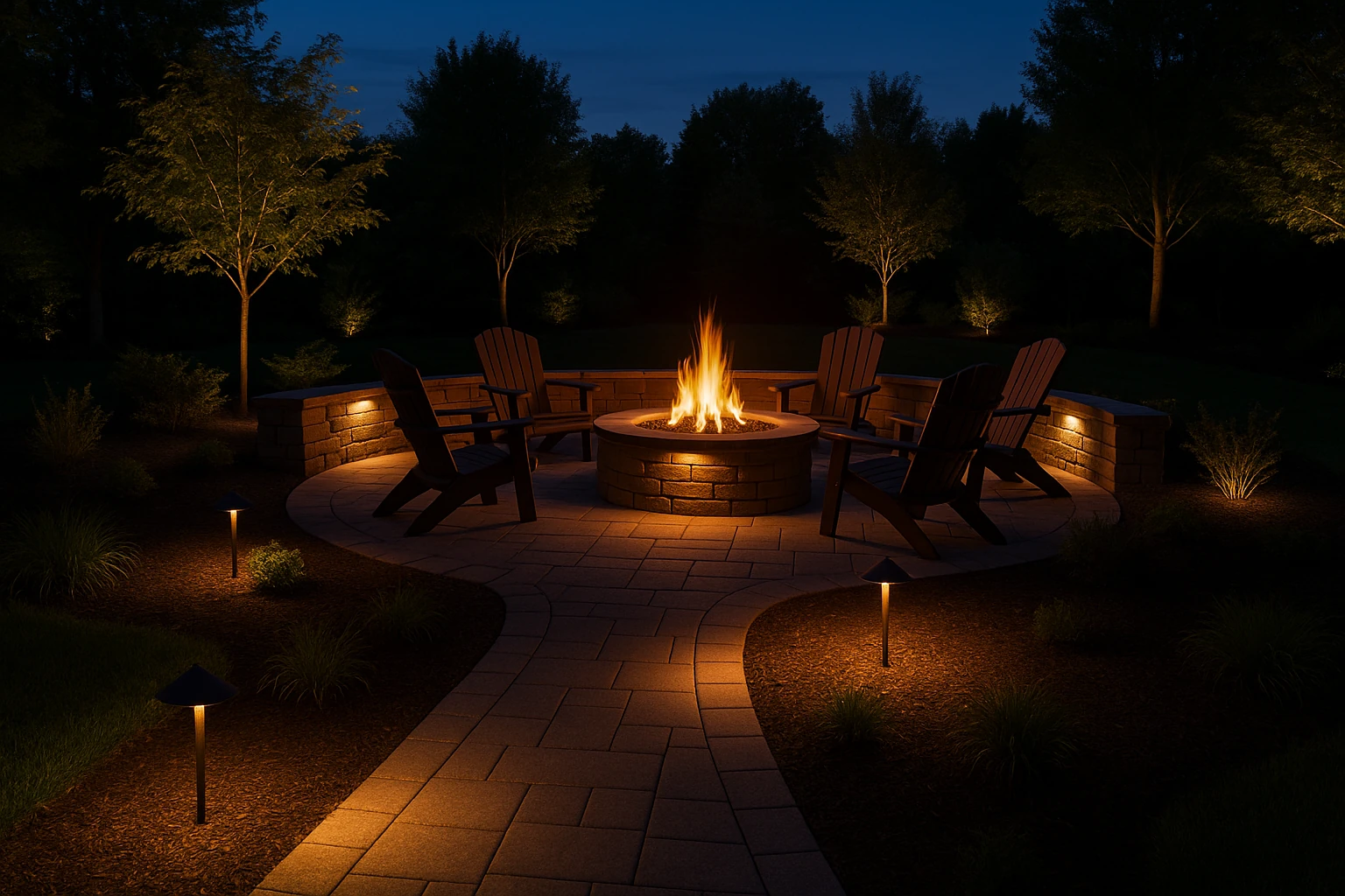 Fire Pit Area with Integrated Landscape Lighting