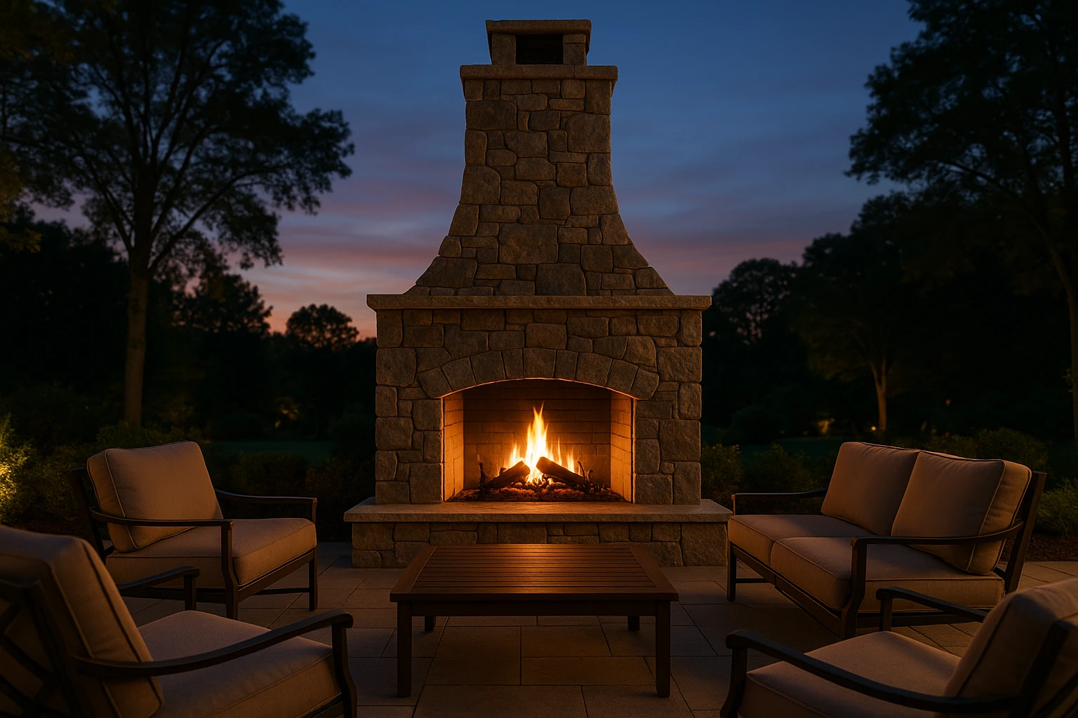 Custom outdoor fireplace with stone surround and seating area