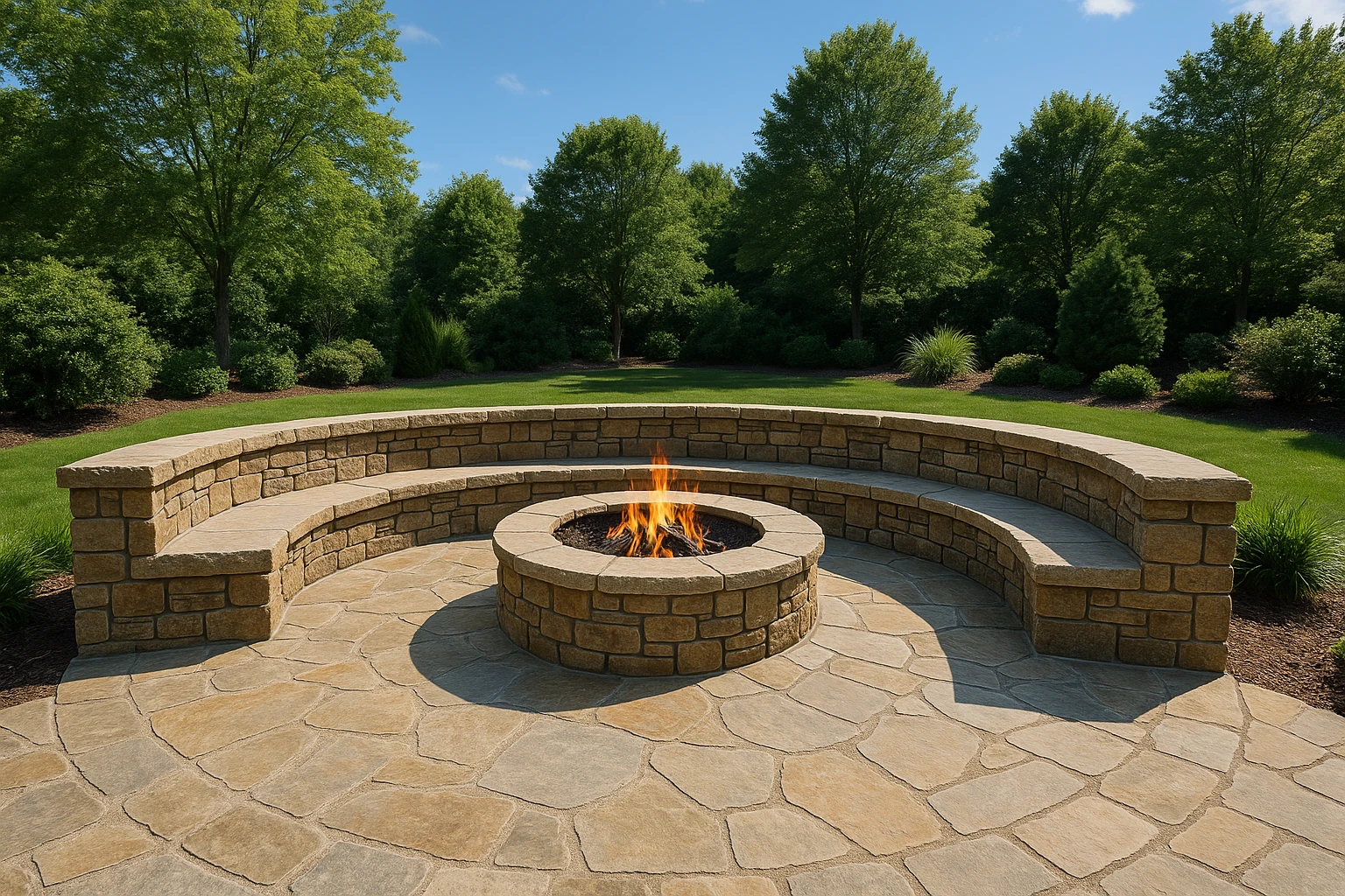 Fire Pit with Integrated Stone Seating Wall