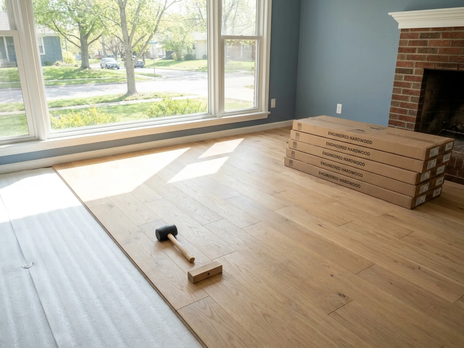 Flooring installation in progress with rows of planks partially laid in a Kansas City home