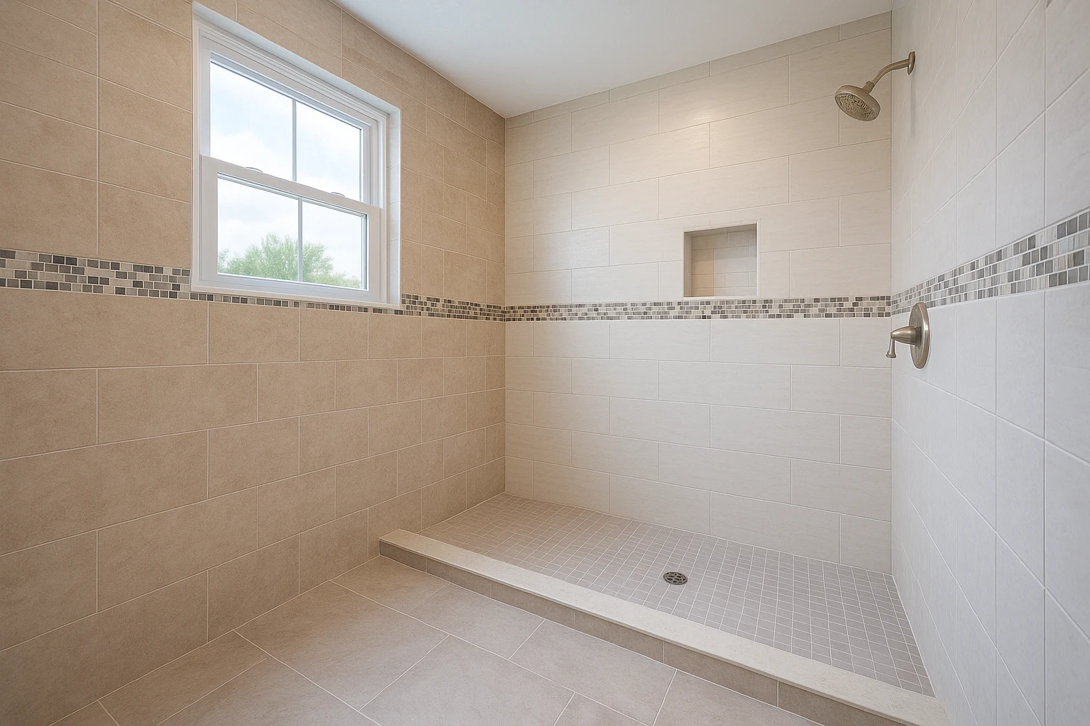 Bathroom showing various tile and flooring options after renovation