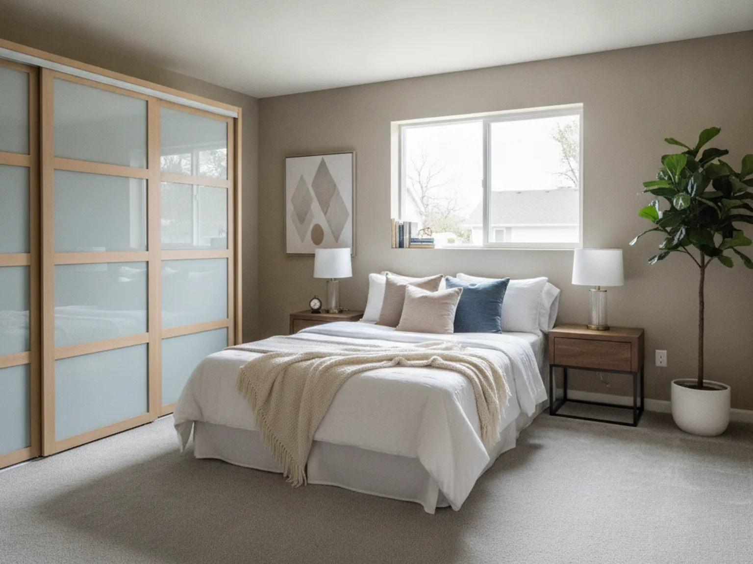 Garage converted into a bedroom with carpet and a new window in a Kansas City home