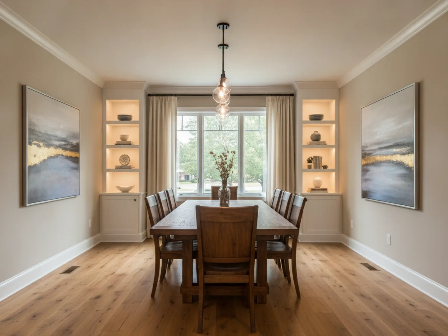 Garage converted into a dining room with a table and pendant light in a Kansas City home