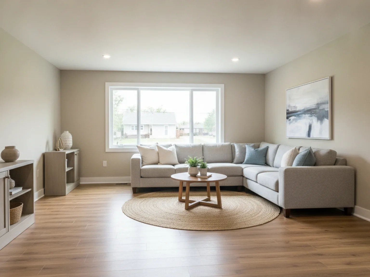 Garage converted into a living room with new flooring and windows in a Kansas City home