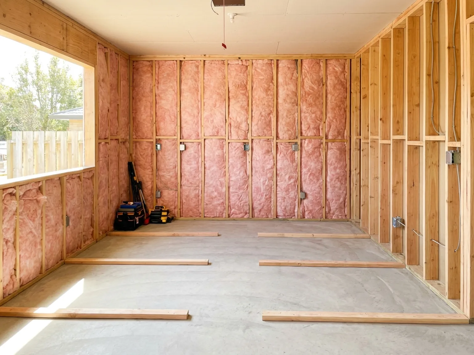 Garage conversion in progress with new wall framing and insulation in a Kansas City home