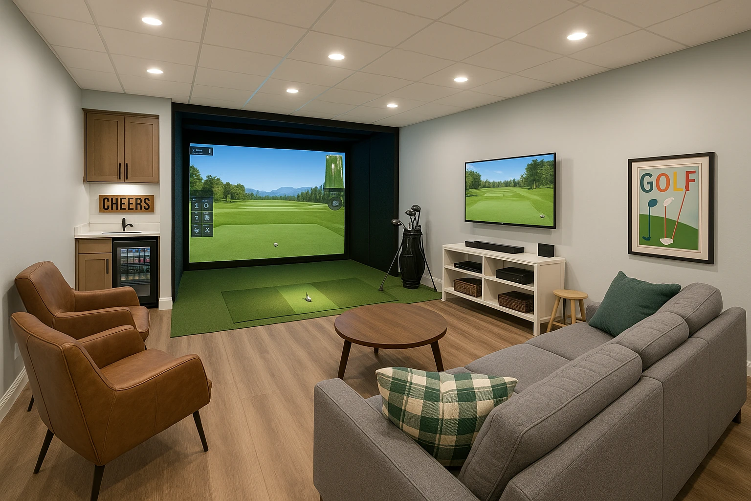 Golf Simulator Room with Entertainment and Social Features