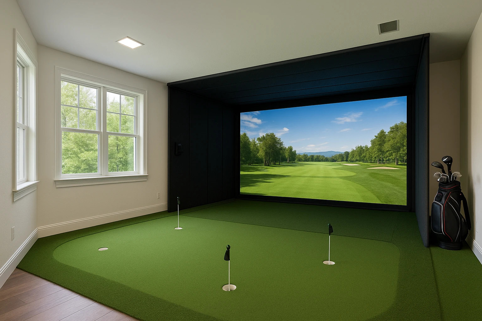 Golf Simulator Room with Integrated Putting Green