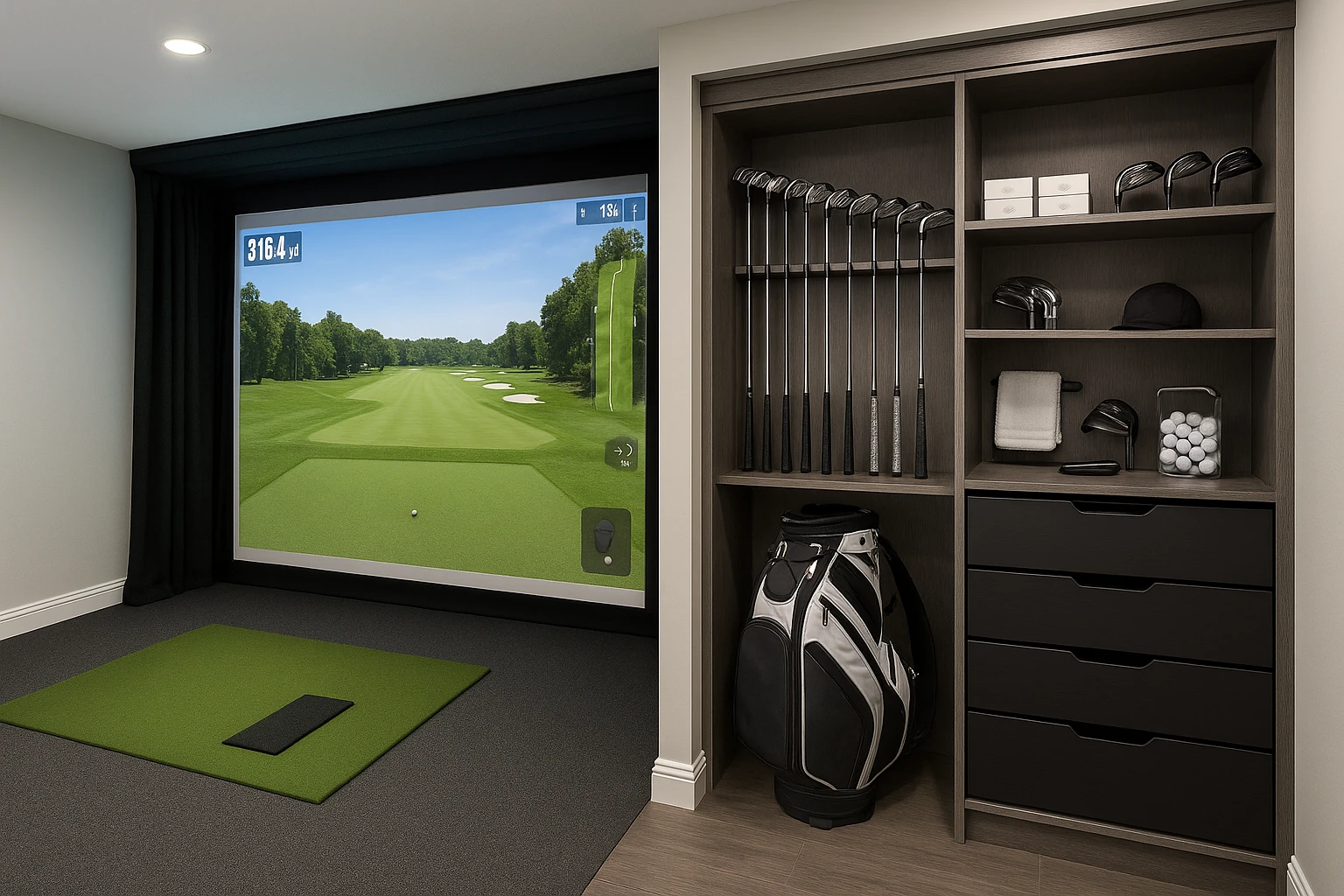 Golf Simulator Room with Equipment Storage Systems