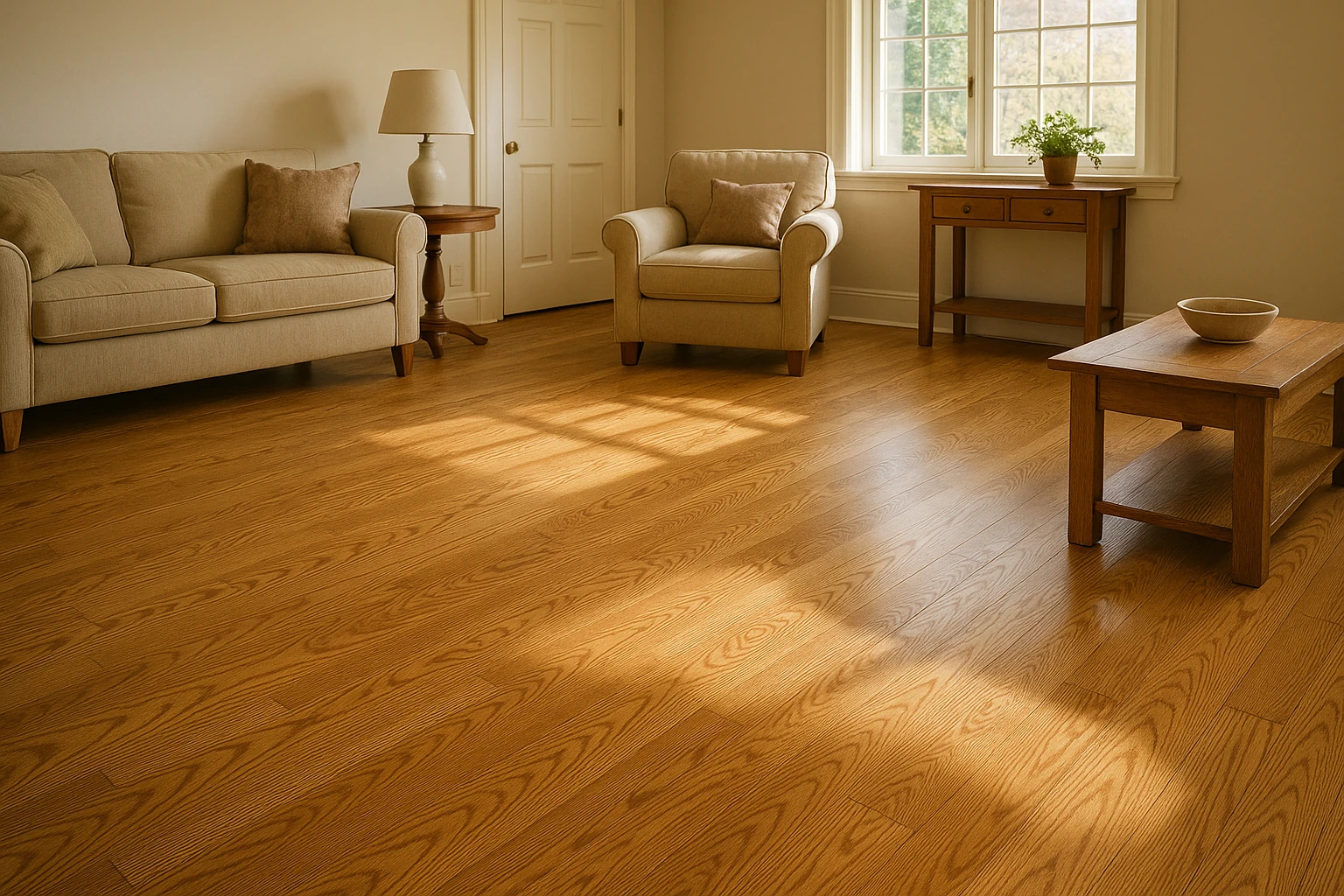 Solid oak hardwood floor installation with natural wood grain