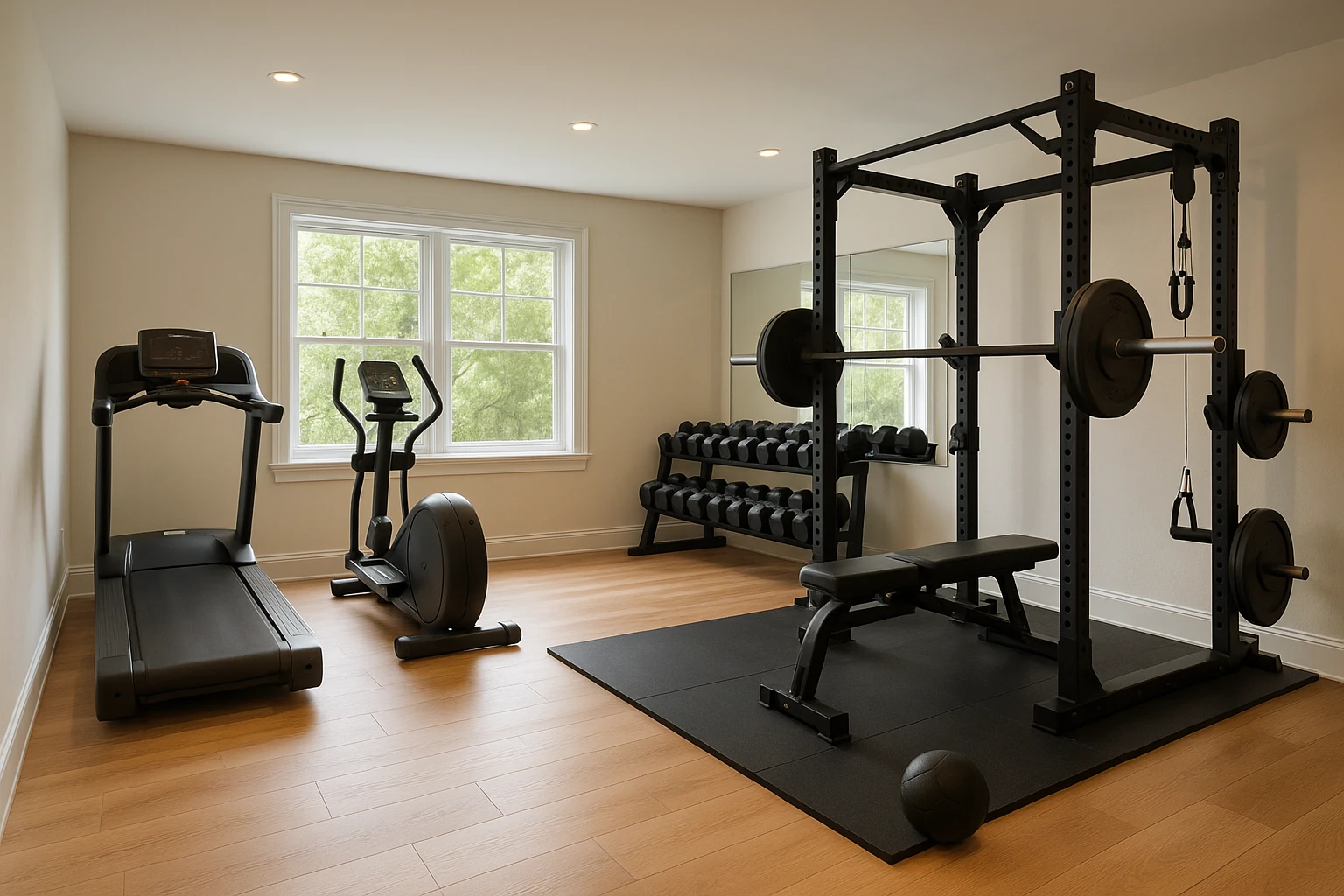 Home gym with optimal layout and equipment placement design